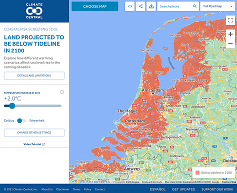 snapshots of areas projected to be underwater by year 2100 (from climatecentral.org) 