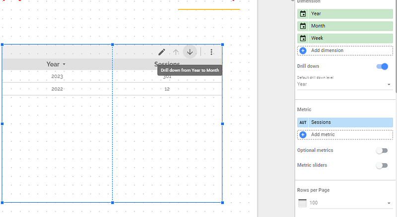 Looker Studio date toggle drill down year to month