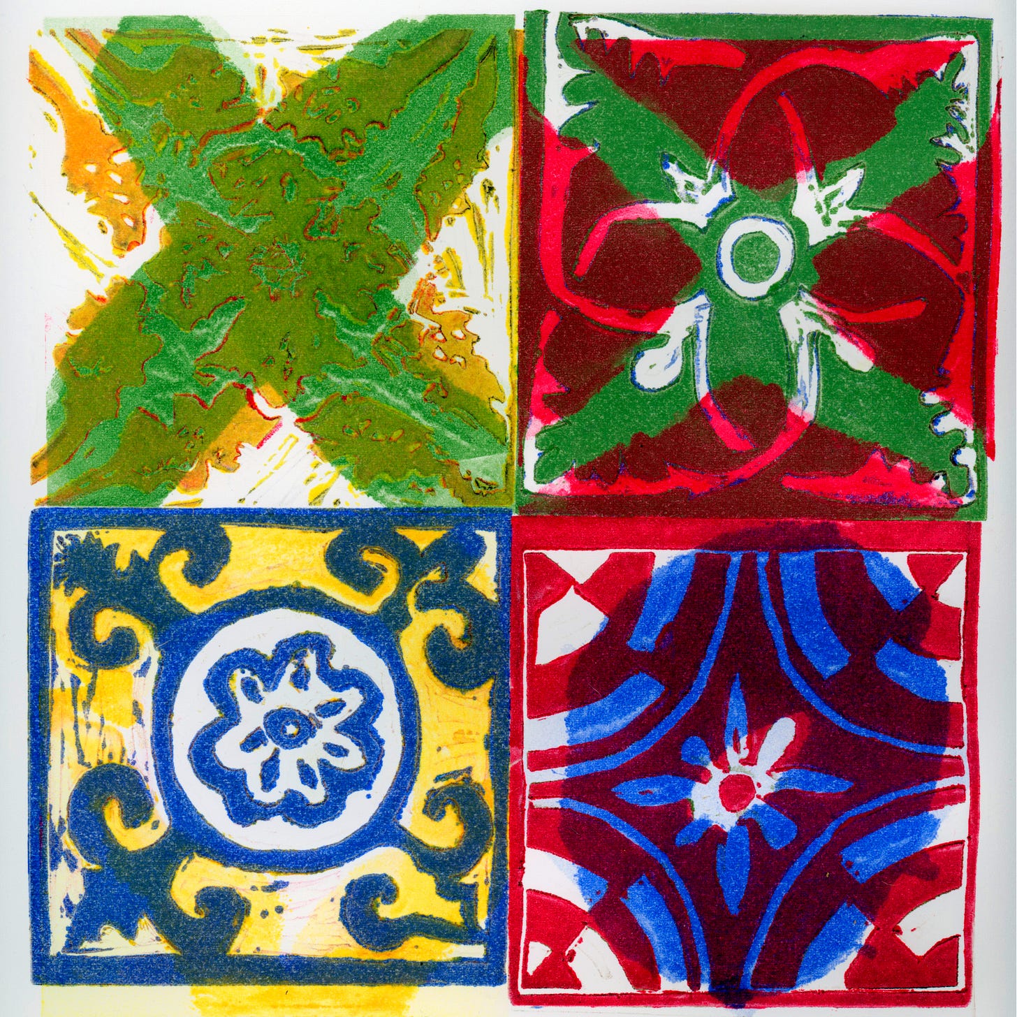 Four-square grid with abstract tile-inspired designs in red, green, blue, and yellow