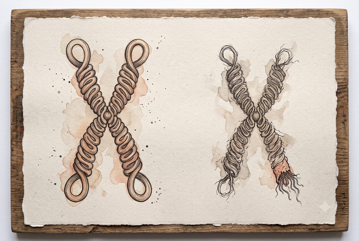 A comparative illustration of two states of the same human chromosome, side by side in warm earthy tones. Left: a healthy chromosome with long, intact telomere caps glowing at all four tips. Right: the same chromosome after chronic stress exposure, with telomeres visibly shortened and frayed. One cap is critically eroded, exposing the raw chromosome tip beneath. The palette remains warm ochre and terracotta against cream. Scientific but human — precise enough to teach from, warm enough to feel like it belongs in an essay, not a textbook. A comparative illustration of two states of the same human chromosome, side by side in warm earthy tones. Left: a healthy chromosome with long, intact telomere caps glowing at all four tips. Right: the same chromosome after chronic stress exposure, with telomeres visibly shortened and frayed. One cap is critically eroded, exposing the raw chromosome tip beneath. The palette remains warm ochre and terracotta against cream. Scientific but human — precise enough to teach from, warm enough to feel like it belongs in an essay, not a textbook.