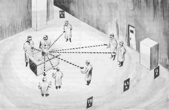 A drawing of the room where everyone was standing and distance from the Demon's Core A drawing of the room where everyone was standing and distance from the Demon's Core