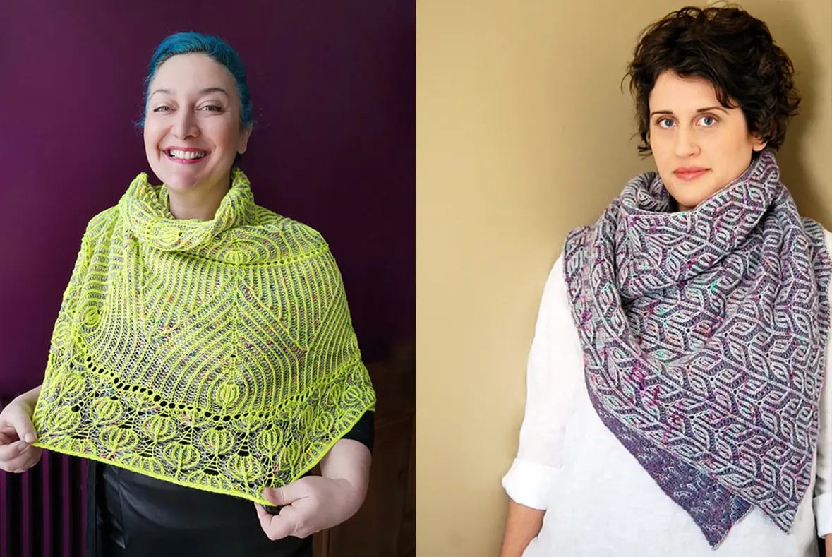 on the left, a woman smiles and wears a yellow shawl; on the right a woman wears a purple shawl