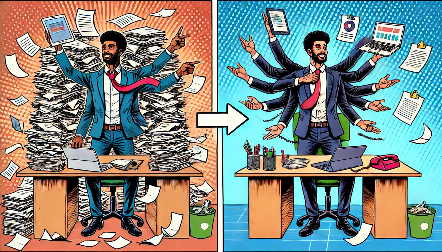 A playful comic-style illustration showing a humorous transformation from a paper pusher to an executor, featuring the same Afro-Latino man in both depictions. On the left, he is sitting at a cluttered desk with two arms, surrounded by messy stacks of paper, looking tired and overwhelmed. On the right, he is transformed into a confident executor with multiple arms in a spotless, modern boardroom setting, performing tasks like pointing at a digital presentation, holding a laptop, and shaking hands. The executor's side has no paper at all, only sleek digital tools and organized visuals, symbolizing efficiency and progress. The background transitions sharply from clutter and chaos to clarity and order, with vibrant and motivational tones. No text included.