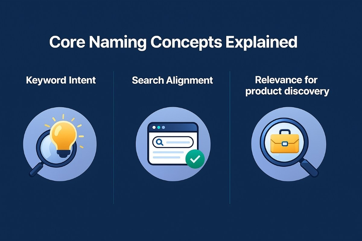 A navy infographic with three sections showing icons and headings for Keyword Intent, Search Alignment, and Relevance for product discovery. A navy infographic with three sections showing icons and headings for Keyword Intent, Search Alignment, and Relevance for product discovery.
