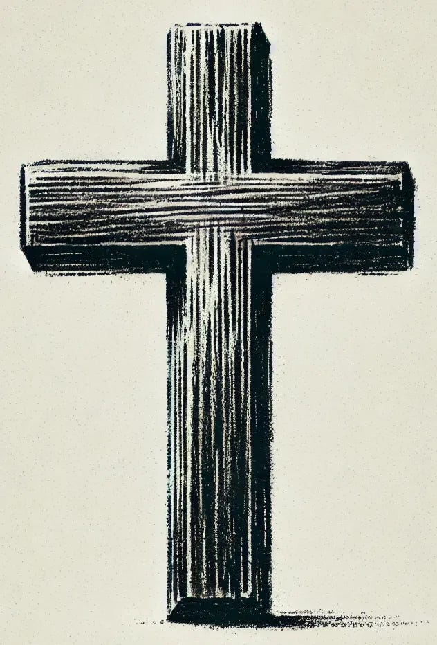 A classic black and white sketch of a Christian cross. The cross should have a traditional shape with slightly beveled edges, resembling a hand-drawn pencil or charcoal sketch. The texture should be rough and organic, giving it an aged, classical appearance. The background should remain plain and unshaded to keep the focus on the cross.