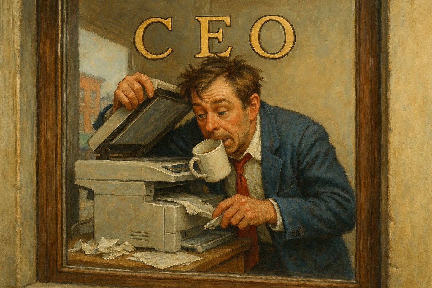 Norman Rockwell–style painting of a disheveled CEO struggling with a jammed printer while holding a coffee mug in his mouth, viewed through an office window labeled “CEO,” symbolizing startup chaos and unprepared leadership.