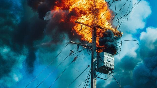 Electrical transformer on wooden pole engulfed in flames with dark smoke against cloudy sky