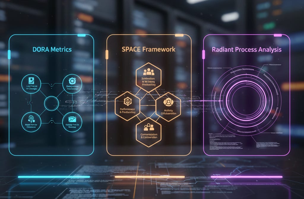 An image depicting representations of DORA, SPACE, and Radiant Analysis fameworks. An image depicting representations of DORA, SPACE, and Radiant Analysis fameworks.