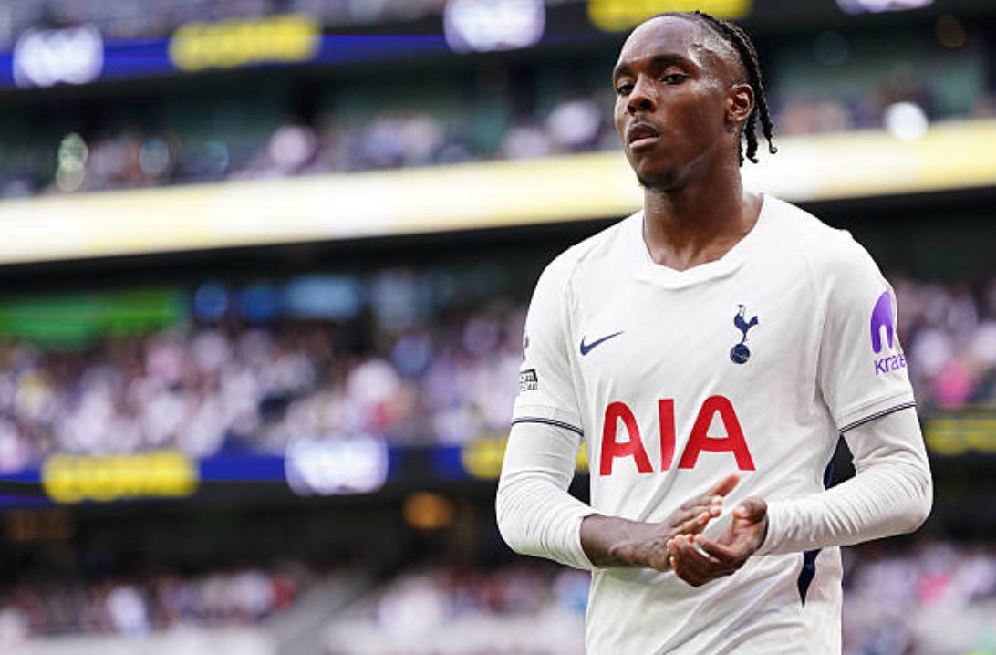 Mathys Tel of Tottenham Hotspur during the Premier League match between Tottenham Hotspur and Newcastle United at Tottenham Hotspur Stadium in London, United Kingdom, on August 29, 2026. (Photo by Harvey Murphy/News Images/NurPhoto via Getty Images)