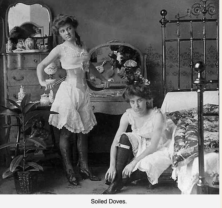 On left, a painting of women in aprons with oxen and wagon in background. the women are washing laundry in the river. on the right: a black and white photo of two young girls in period undergarments posing in their bedrooms, one standing to the left, the other stooping next to the bed. there is a caption under this one: soiled doves
