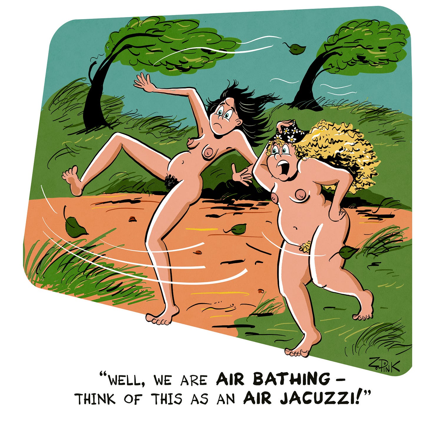 Two young nude women are walking naked in the countryside, against a very strong wind. One is almost being blown over, the other leaning heavily into the wind a clutching a hat to her head. In the background, trees are swaying and the grass is billowing. Let’s face it, it’s a windy day. The woman clutching her hat is speaking. The caption reads “Well we are air bathing - think of this as an air jacuzzi!”