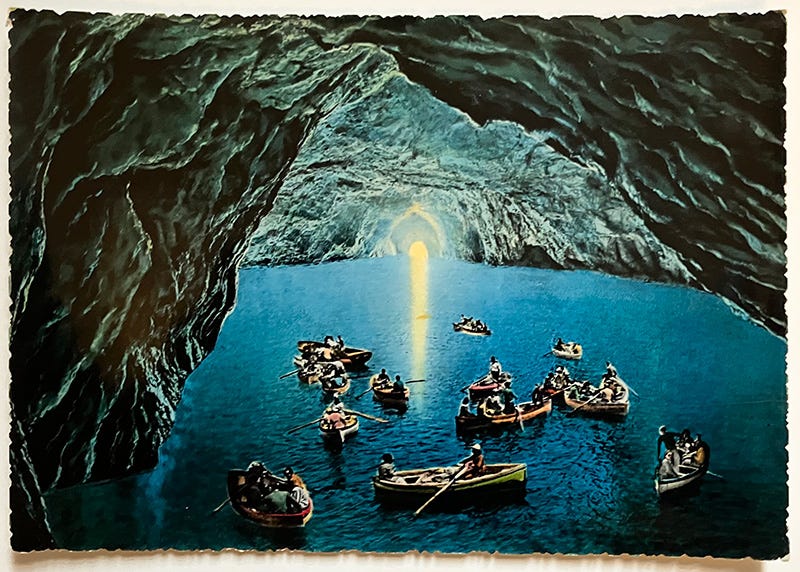 vintage hand tinted postcard of La grotta azzurra in Capri