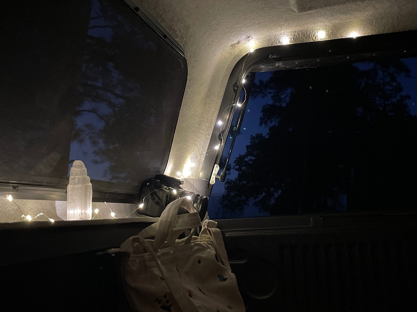 the view sitting inside a truck bed with a topper looking into a dark forest - tiny lights lighting up the inside of the truck bed