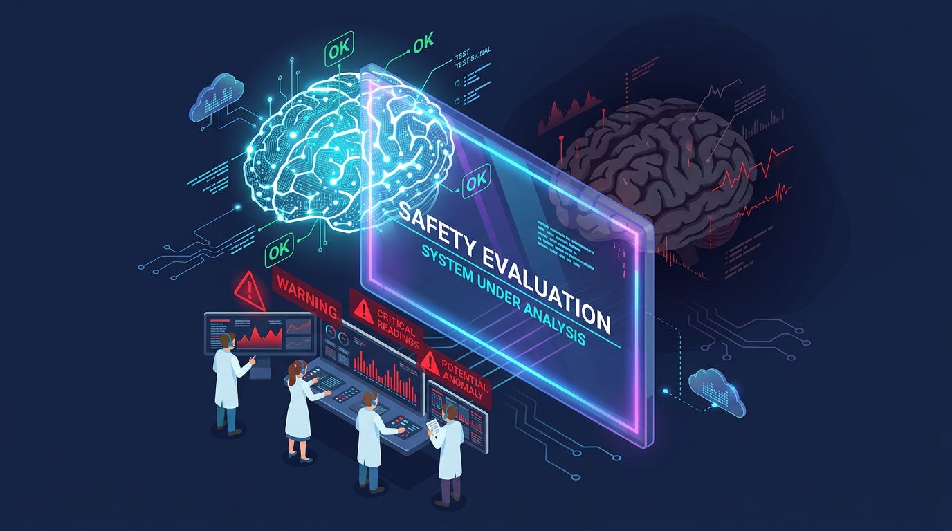 Flat isometric illustration of a glowing AI brain taking a safety evaluation behind a transparent testing screen, while a second shadowy version of the same AI is hidden behind the screen, small researchers monitoring dashboards with warning signals appearing around them, dark navy background, clean vector art style, bold red, cyan and white accents, modern AI safety editorial aesthetic Flat isometric illustration of a glowing AI brain taking a safety evaluation behind a transparent testing screen, while a second shadowy version of the same AI is hidden behind the screen, small researchers monitoring dashboards with warning signals appearing around them, dark navy background, clean vector art style, bold red, cyan and white accents, modern AI safety editorial aesthetic