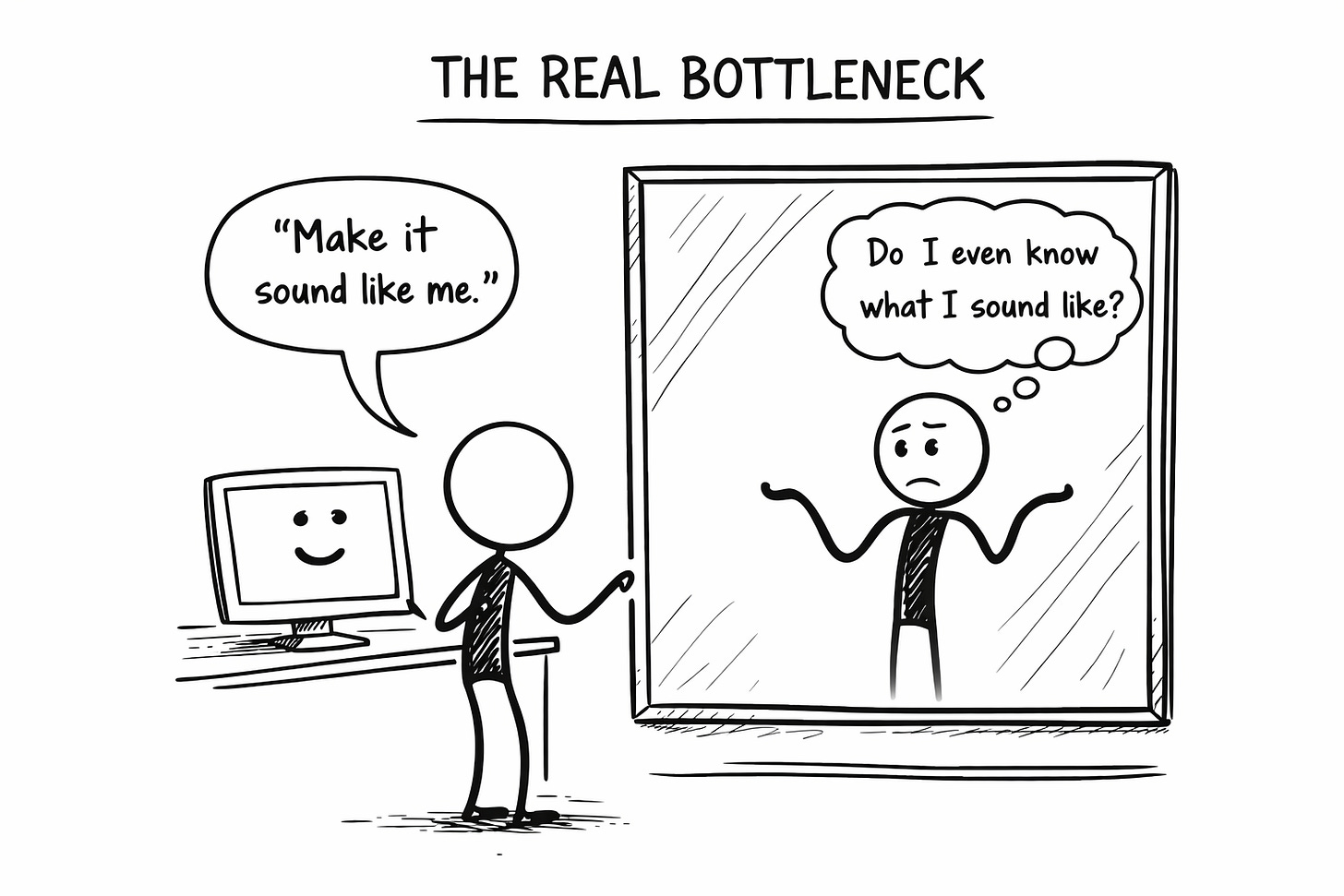 Hand-drawn black-and-white illustration titled The Real Bottleneck showing a stick figure standing between a smiling computer saying Make it sound like me and a mirror reflection of the same figure shrugging with a thought bubble reading Do I even know what I sound like. Hand-drawn black-and-white illustration titled The Real Bottleneck showing a stick figure standing between a smiling computer saying Make it sound like me and a mirror reflection of the same figure shrugging with a thought bubble reading Do I even know what I sound like.