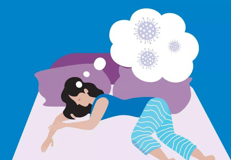 woman sleeping and dreaming of covid virus woman sleeping and dreaming of covid virus
