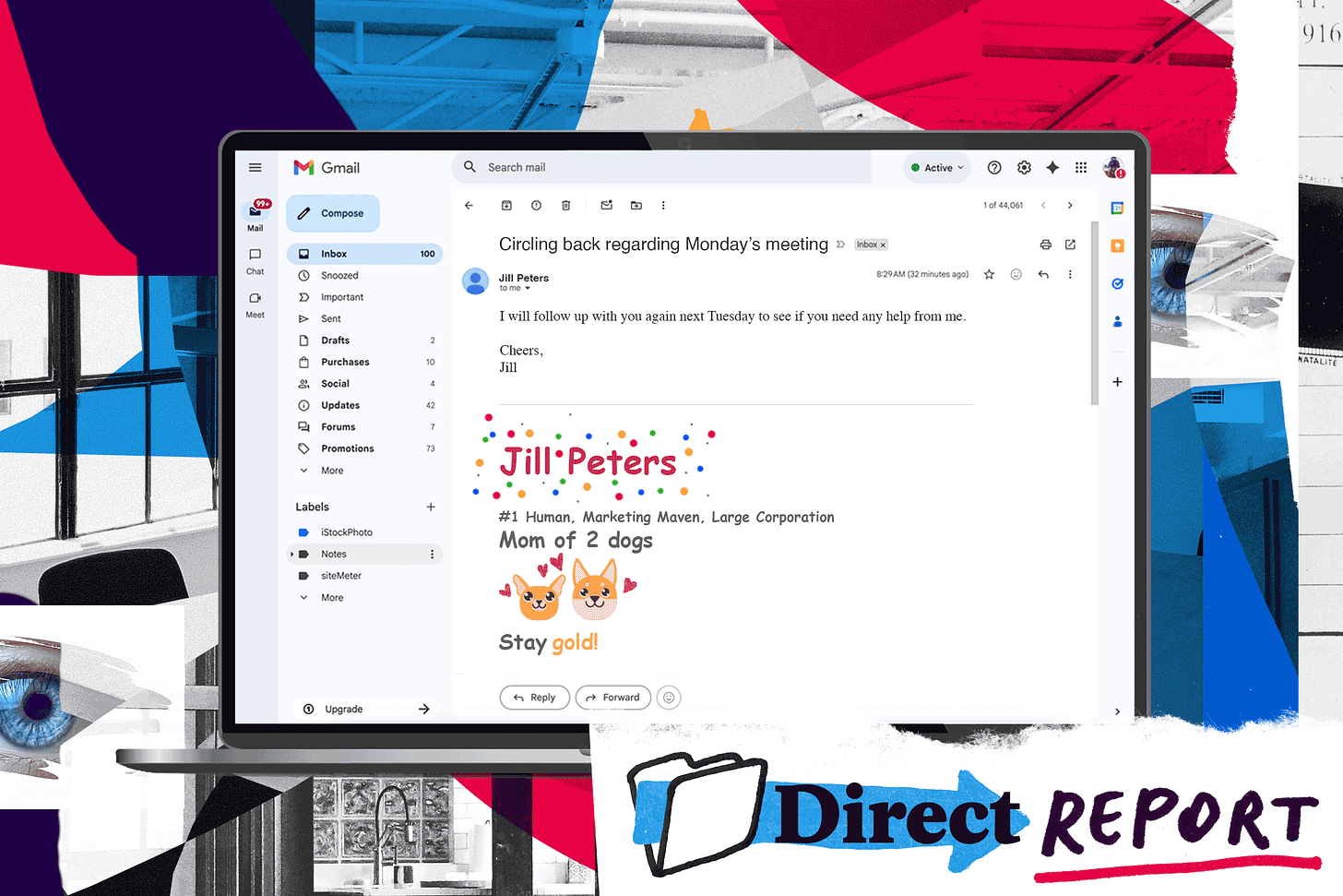A laptop open to an email titled "Circling back regarding Monday's meeting." The email signature contains corgi and cat heart-eye GIFs, along with confetti around the sender's name. A laptop open to an email titled "Circling back regarding Monday's meeting." The email signature contains corgi and cat heart-eye GIFs, along with confetti around the sender's name.