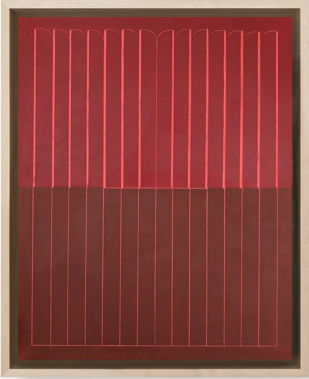 Arielle Zamora, Red Curtain, 2026. A painting on panel in deep red: thin vertical lines carved down the surface like the folds of a curtain, glowing brighter red at the top and darker below, in a light wood frame. Arielle Zamora, Red Curtain, 2026. A painting on panel in deep red: thin vertical lines carved down the surface like the folds of a curtain, glowing brighter red at the top and darker below, in a light wood frame.