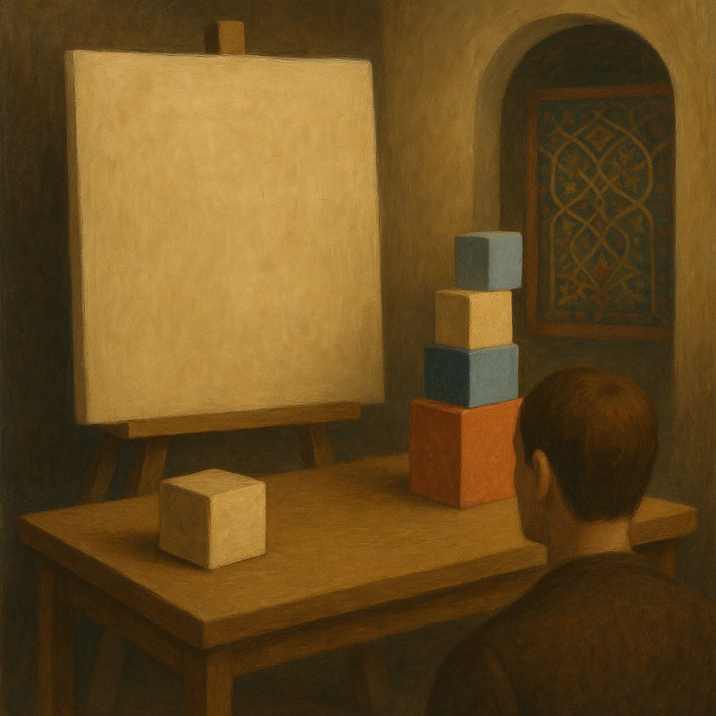 Please generate an image concept (no words), inspired by: "Now, why did I say that “Modernity fooled us” into thinking reality is bottoms-up, parts-to-whole? If you’ve been following my work for a while, you’ve probably heard me critique the Enlightenment on more than one occasion.

What I mean here is that we need to completely reevaluate the core notion of “blank slate” tabula rasa, where you force your mind to approach the world with a simulated imagined state of a blank canvas, and adding one piece at a time, building up your ideas, theories, and knowledge one conceptual block after the other, scrutinizing every individual block that would dare be brought forward to the examination table.

But of course, the issue is that the “examination table” or “canvas” that your blocks sit on is itself a thing with its own features. And it exists in a “room” with its own conditions. And the block that you put on the table didn’t come from nowhere; it was participating in a system (a whole) that you just ripped it from. 

In other words, true isolation of being from other Being is impossible.

And most importantly: there is always a you who is the observer of this alleged “blank slate”.  We should never forget that since you are a person with intellect and will, there is a WHOLE LOT that you bring to the table, and there is absolutely nothing “blank” about it. 

So the idea of blank slate thinking is as ontologically realistic (despite its epistemic benefits) as thinking about a square circle.

Now, don’t get me wrong. . . the bottoms-up reconstruction process of “one part at a time, all else being equal” drives an excellent methodology that enables important empirical discoveries.

But it’s not everything. And it’s not even the most important thing. 

We need metaphysical thinking to ground all of our parts into the ultimate coherent whole. It’s ultimately absurd to study parts without at least some conception of the intelligible whole that anchors them into being.

If I’m being fair, I’ll put it this way. . .parts-to-whole thinking has been tremendously beneficial for sharpening our epistemology while being atrocious in how it has disconnected us from ontology.

If you start with only parts and quantities, you’ll spend the rest of your life trying to explain away the very things that make life worth living—mind, meaning, purpose—as “emergent” quirks of the machine.

But if you start with intelligible wholes, forms, and participation, those same realities stop being embarrassing leftovers and become the main story.

Reality was never bottoms-up LEGO bricks. It was always, first and last, a tapestry of ordered wholes.

"