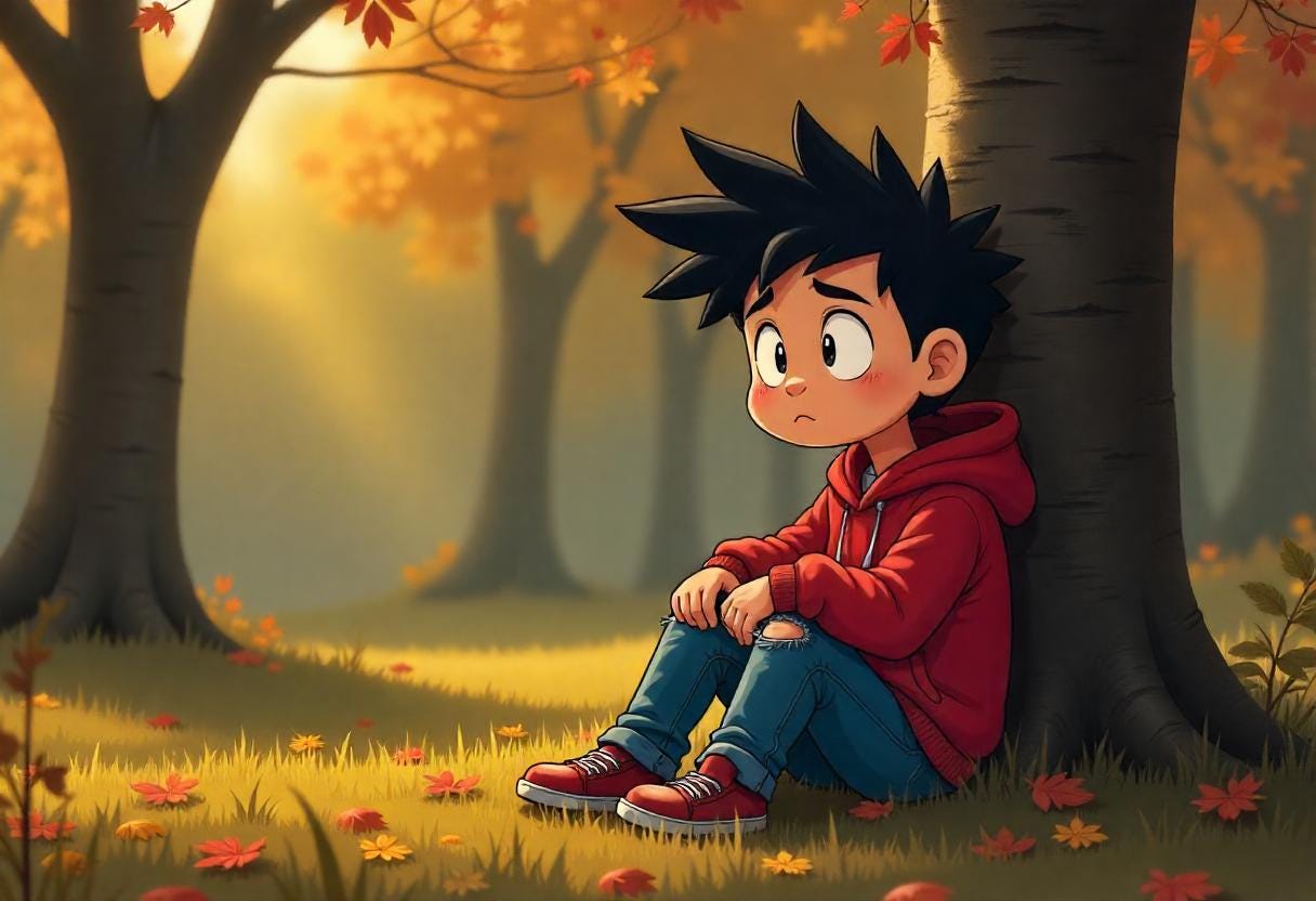Cartoon teen sits under a tree looking vaguely bored