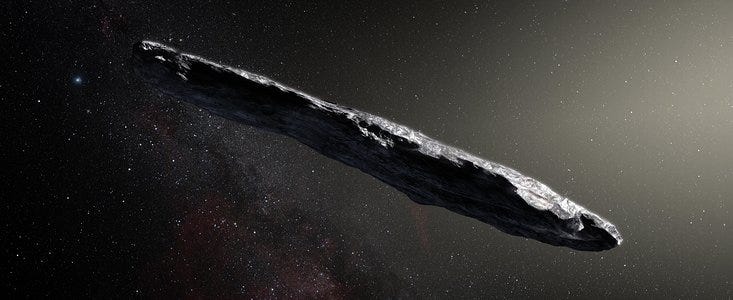 Artist’s impression of the interstellar asteroid `Oumuamua Artist’s impression of the interstellar asteroid `Oumuamua