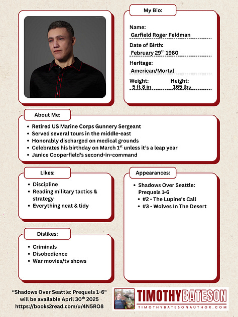 Character profile sheets for "Shadows Over Seattle: Prequels 1-6"