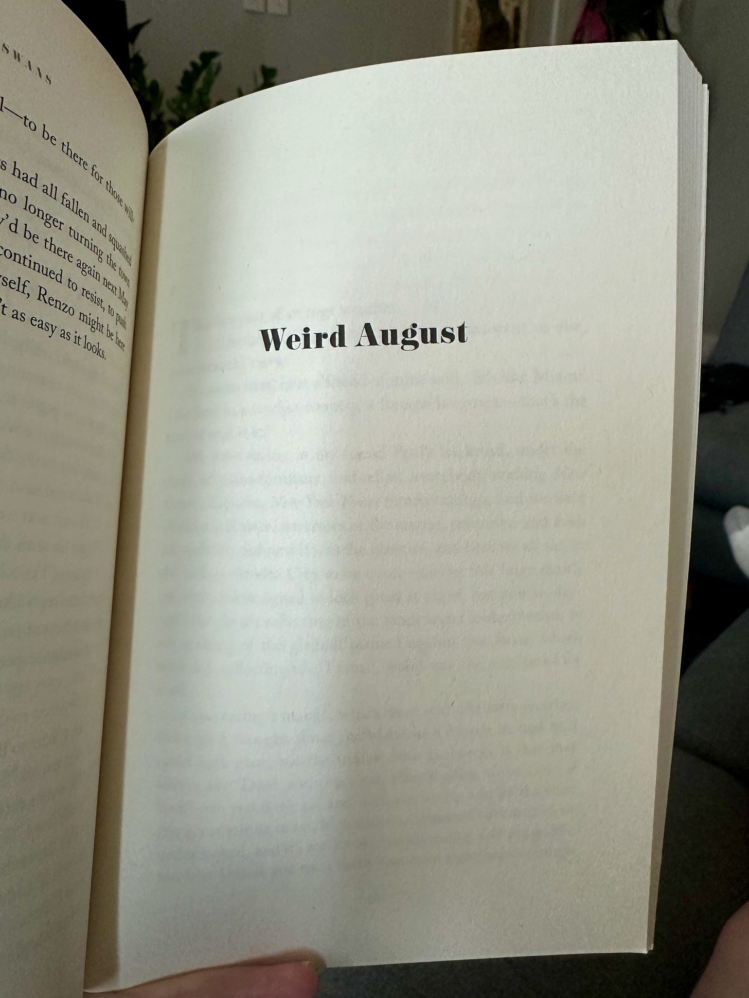 paperback copy of Black Swans by Eve Babitz held open to the title page for the story "Weird August"