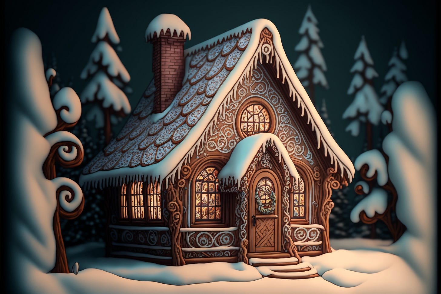 gingerbread house on a snowy day, art nouveau stained glass windows