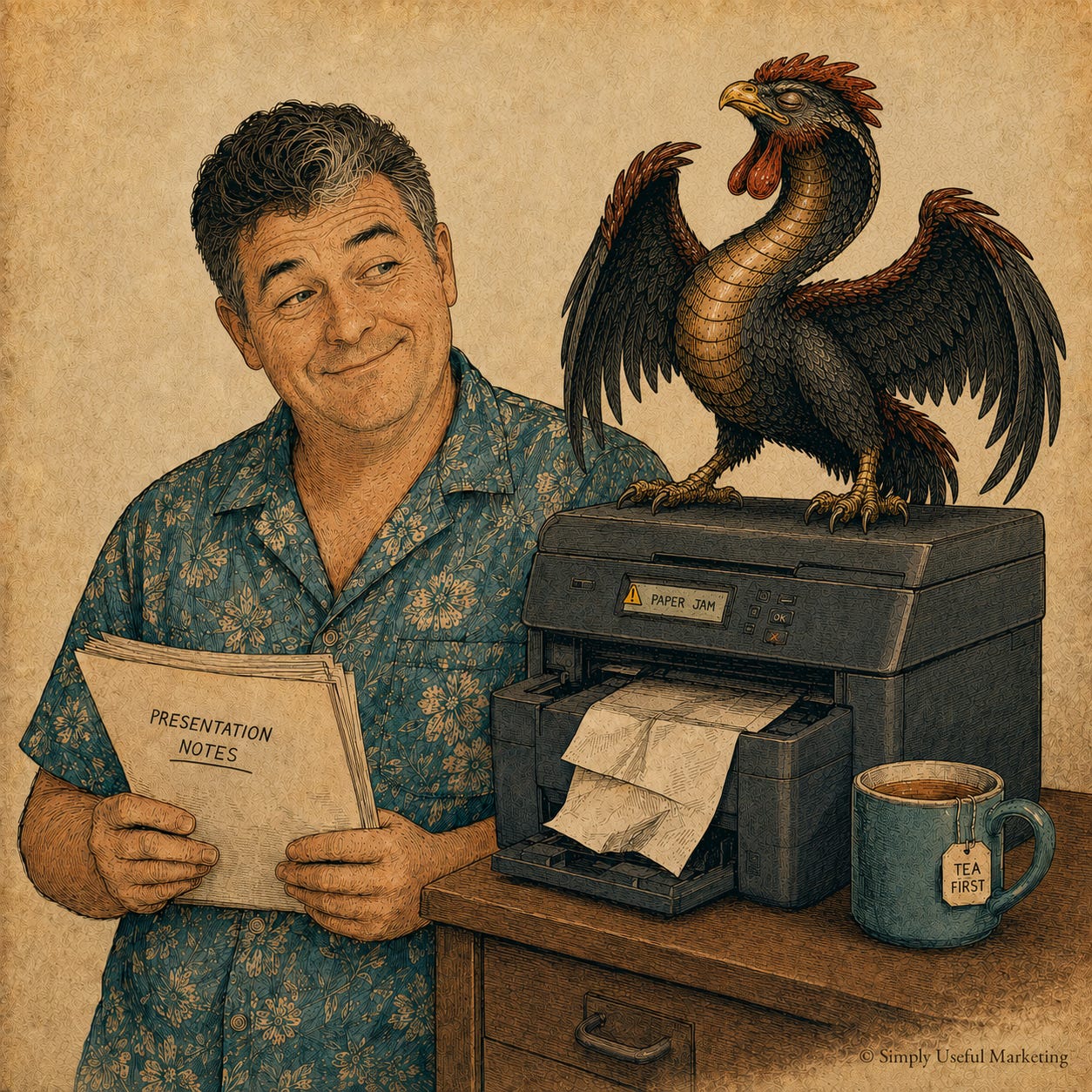 Vintage-style illustration of a man in a blue aloha shirt holding presentation notes beside a jammed printer, while a triumphant cobra chicken with spread wings stands on top of the printer. A tea mug sits nearby on the desk.