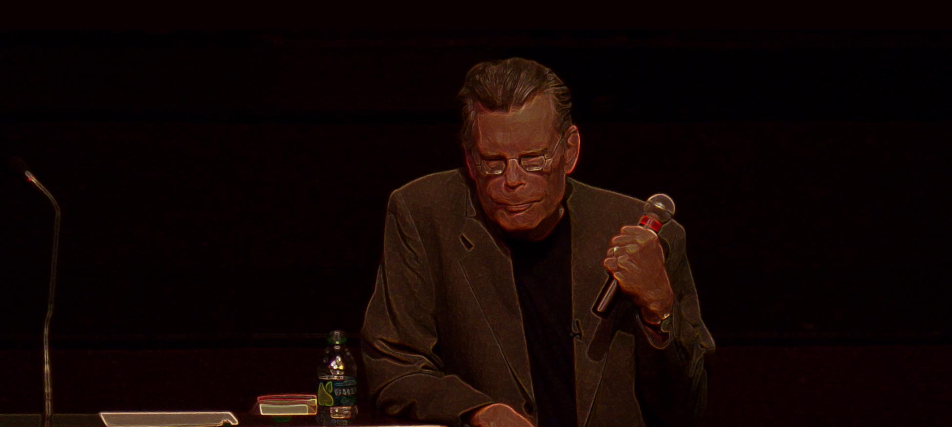 Stephen King making a presentation at Octavia Books. His morning... ritual? routine? habit? helps him write a ton of books.