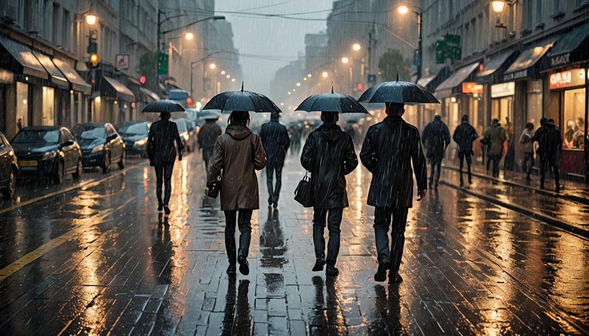 People with umbrellas walking on rainy street at night People with umbrellas walking on rainy street at night