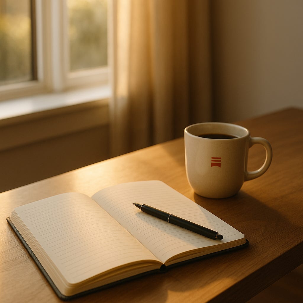 Serene morning desk with open journal and sunlight.