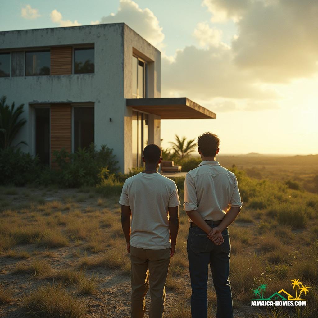 Two dads from different walks of life, a wealthy entrepreneur standing proudly in front of his sleek, modern mansion, and a humble Jamaican father sitting on the porch of his small, weathered shack, the contrast between their homes a stark reminder of their differing fortunes.