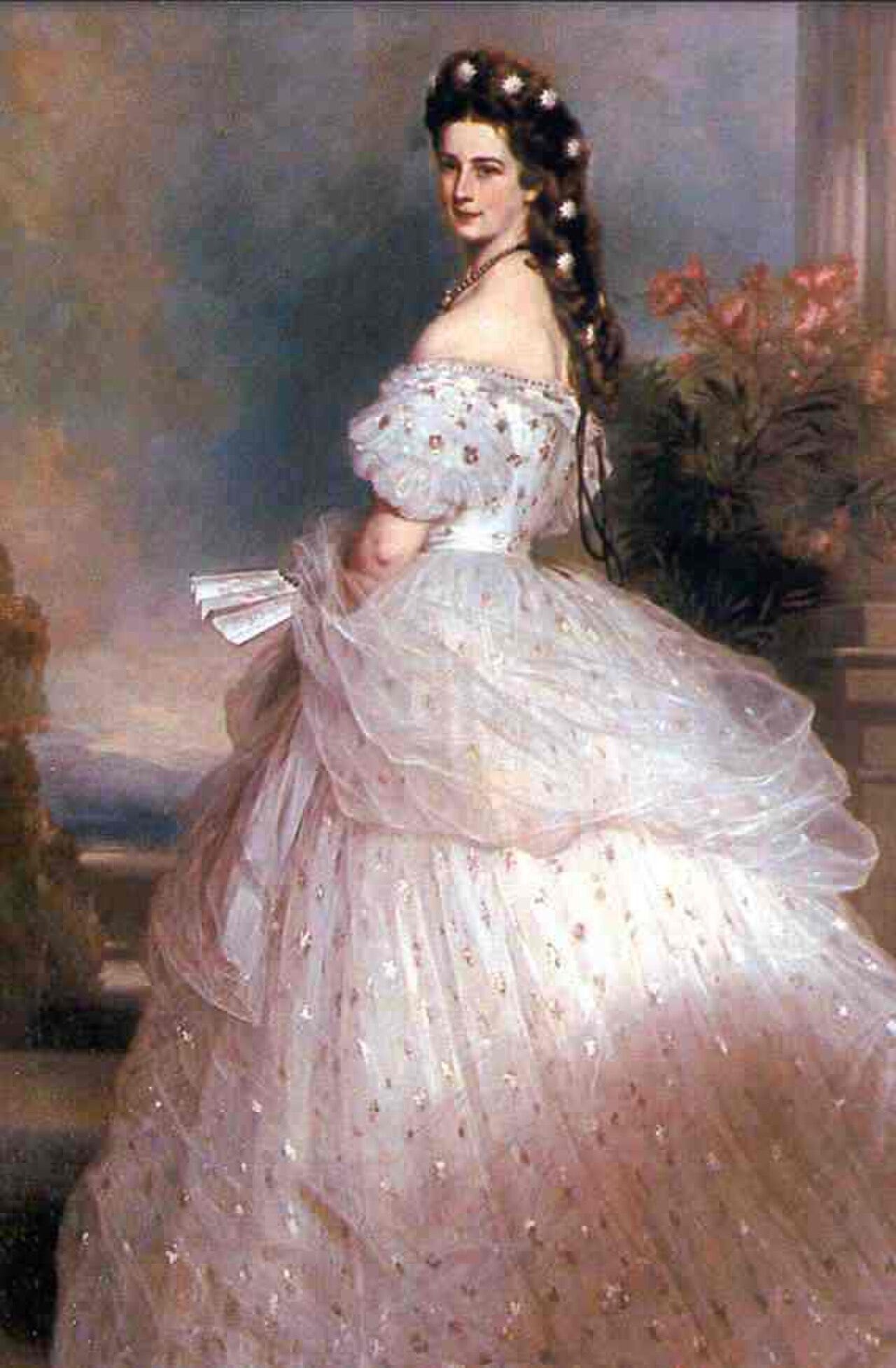 Empress Elisabeth in a white ball gown with diamond stars in her hair Empress Elisabeth in a white ball gown with diamond stars in her hair