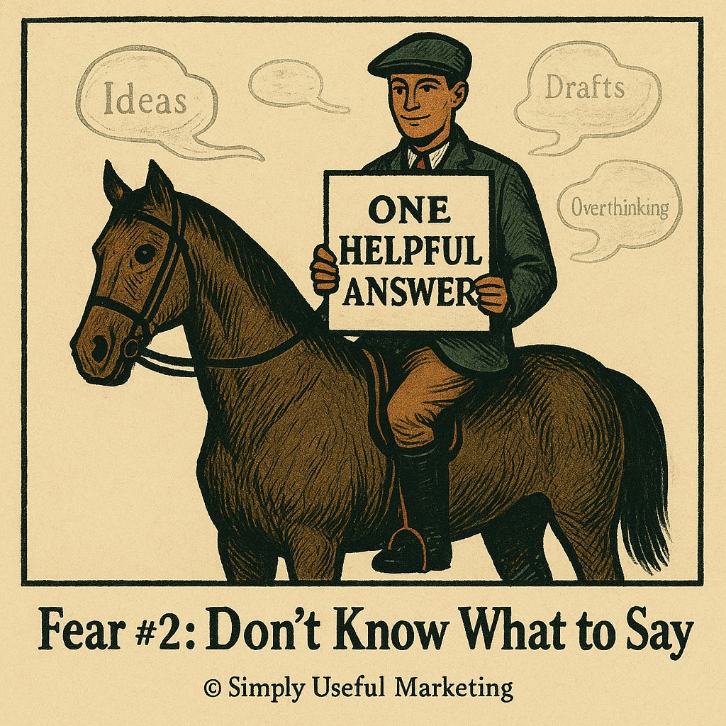 Vintage-style poster showing a calm horseman riding a horse at a steady walking pace. Evenly spaced ground markers labeled “Send” trail into the distance, suggesting routine and consistency. Caption reads “Fear #4: We Won’t Keep It Going.” © Simply Useful Marketing. Vintage-style poster showing a calm horseman riding a horse at a steady walking pace. Evenly spaced ground markers labeled “Send” trail into the distance, suggesting routine and consistency. Caption reads “Fear #4: We Won’t Keep It Going.” © Simply Useful Marketing.