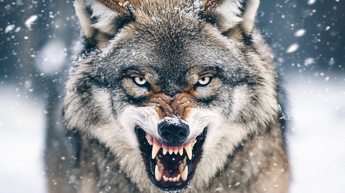 In the midst of a gently falling snow, a powerful wolf locks its gaze directly at the viewer. Its mouth agape revealing sharp teeth in a snarl, the animal exudes a sense of untamed ferocity and wild beauty. The snowflakes that settle softly on its well-insulated fur add a serene yet striking contrast to the wolf's intense and fearsome demeanor, capturing a moment of raw animalistic expression in the wild.