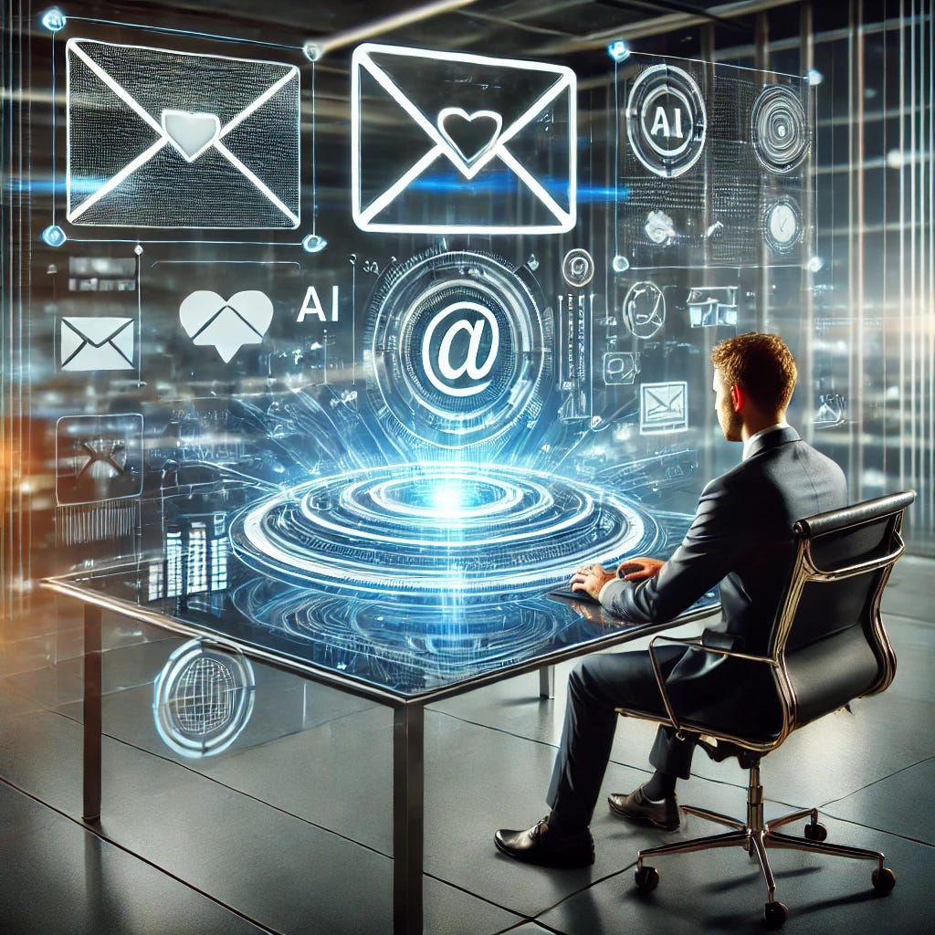 A futuristic and dynamic scene showcasing a professional using a cutting-edge AI-powered email service. The person is sitting at a sleek desk with a holographic laptop screen displaying a highly efficient and visually stunning email interface. Surrounding the desk are subtle AI elements like digital assistants or floating data icons. The background is a high-tech office with advanced technology, clean lines, and a minimalist design, emphasizing innovation and productivity.