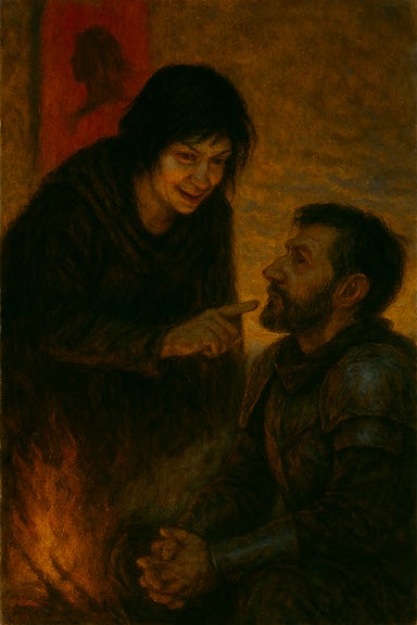 A dark fantasy scene at dusk near the firepit of the Wizard of Wines Winery. Clarion, visually inspired by Gwendolyne Christie but with long black hair, stands in worn armor and a green cloak, her expression dry and amused as she reminds Fleetwood of Marla the Crimson. Fleetwood, visually inspired by Richard Armitage, sits on a broken barrel, arms crossed, his face caught between a grimace and reluctant amusement. His sword rests beside him. The firelight flickers across their faces, casting long shadows. Vines creep along the stone walls, and ravens perch silently on the beams overhead. The mood is tense, playful, and tinged with memory.