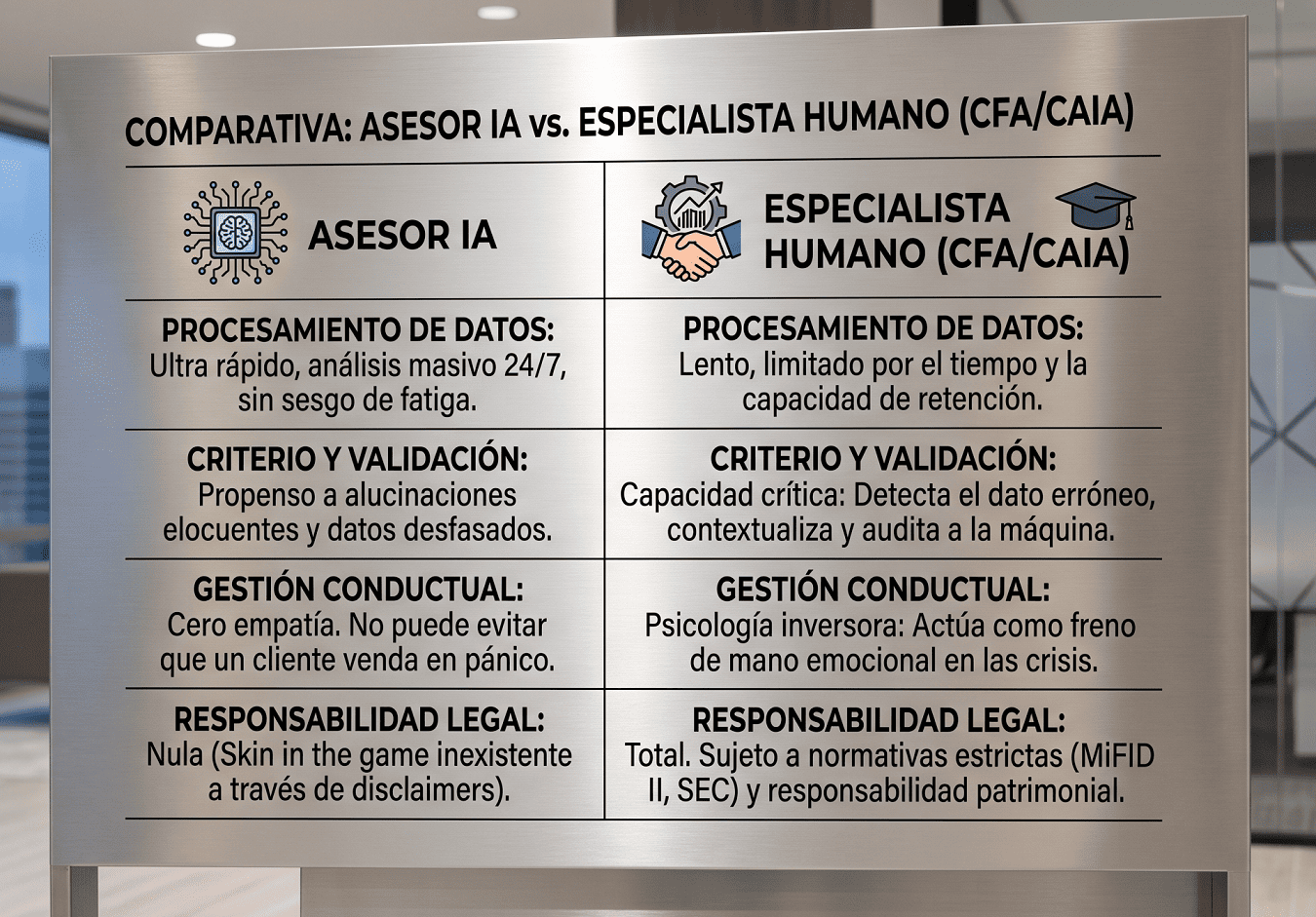 Cuadro comparativo de características de un asesor financiero IA vs. un especialista humano con CFA o CAIA. Cuadro comparativo de características de un asesor financiero IA vs. un especialista humano con CFA o CAIA.
