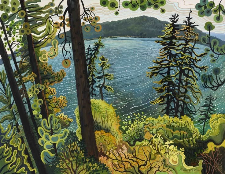 This may contain: a painting of some trees and water