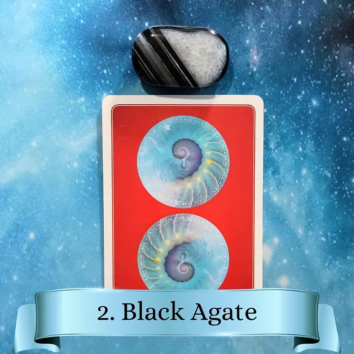 1. Silk Agate (Orange/Brown), 2.Black Agate, 3. Rose Quartz, 4. Orange Calcite