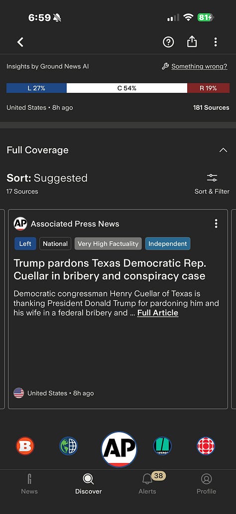 Real images from Ground News on the Henry Cuellar story