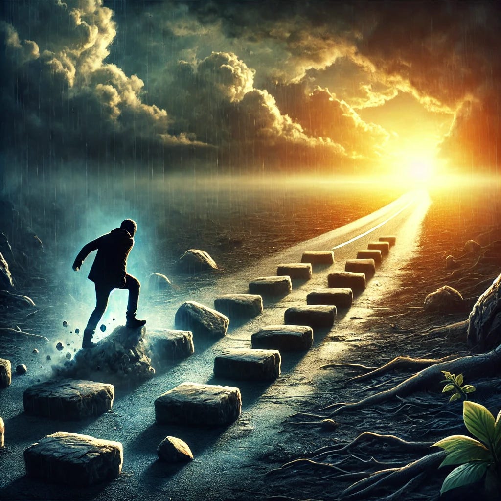 An image symbolizing the idea of mistakes turning into opportunities. A person is seen walking on a rocky path with obstacles, tripping on a stone, yet in the distance, the path transforms into a brighter road leading toward a sunrise. The fallen stones behind the person have begun to form stepping stones, symbolizing growth from mistakes. The atmosphere shifts from dark and cloudy near the person to clear skies and golden light toward the horizon, suggesting hope and transformation.