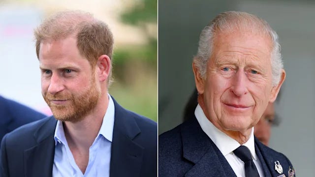 Composite of Prince Harry and King Charles with Harry in a blue open collared shirt and jacket and the King in a dark jacket and tie Composite of Prince Harry and King Charles with Harry in a blue open collared shirt and jacket and the King in a dark jacket and tie