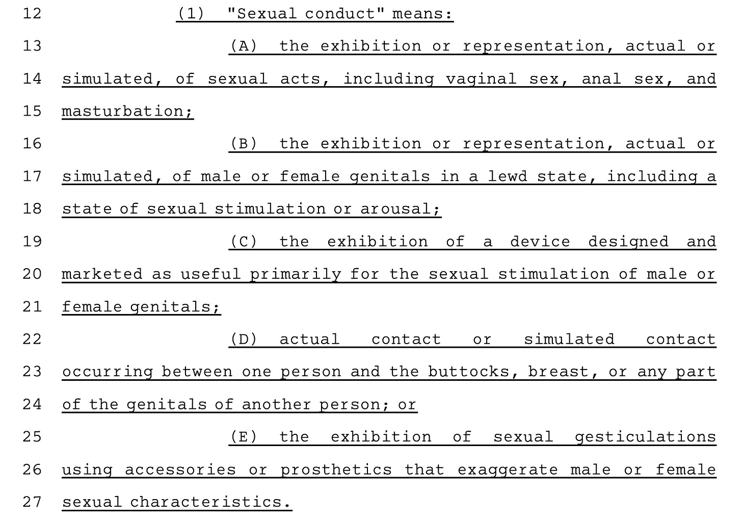 (1)AA"Sexual conduct" means: (A)AAthe exhibition or representation, actual or simulated, of sexual acts, including vaginal sex, anal sex, and masturbation; (B)AAthe exhibition or representation, actual or simulated, of male or female genitals in a lewd state, including a state of sexual stimulation or arousal; (C)AAthe exhibition of a device designed and marketed as useful primarily for the sexual stimulation of male or female genitals; (D)AAactual contact or simulated contact occurring between one person and the buttocks, breast, or any part of the genitals of another person; or (E)AAthe exhibition of sexual gesticulations using accessories or prosthetics that exaggerate male or female sexual characteristics.
