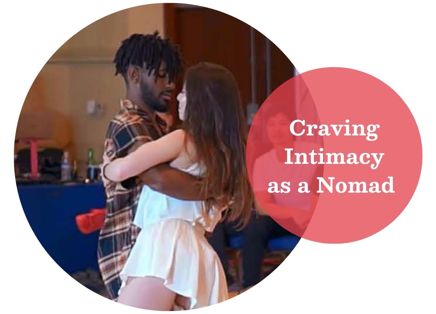 As Black man with short dreadlocks is holding a white woman with long brown hair tightly. He is wearing a plaid shirt and she is wearing a short white dress. They are looking at each other intently. 