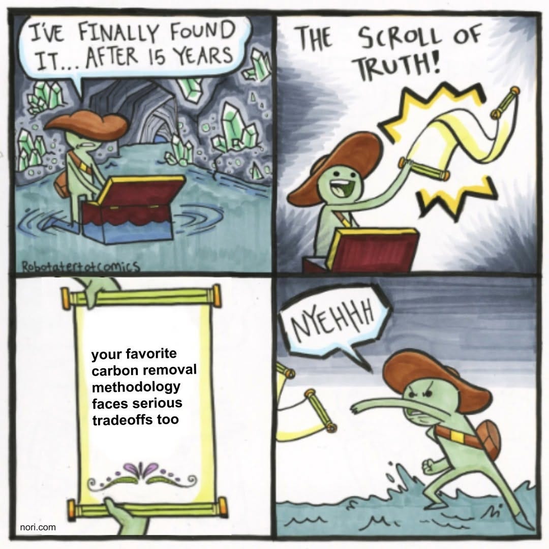 Four-panel scroll of truth comic. An explorer finds a chest: "I've finally found it... after 15 years. The scroll of truth!" The scroll reads "your favorite carbon removal methodology faces serious tradeoffs too". He throws it away: "Nyehhh!"
