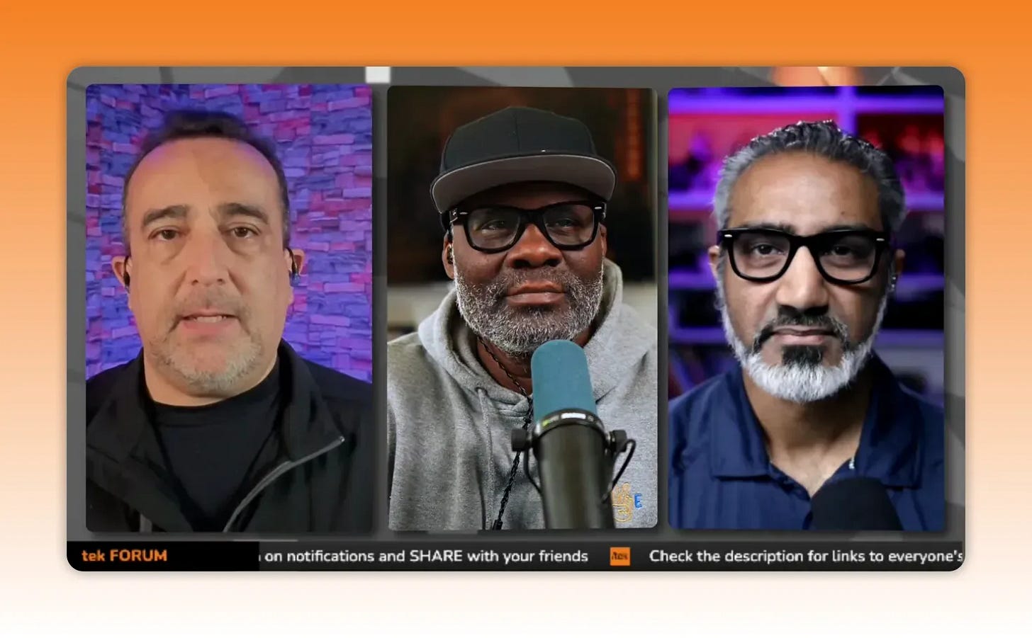 Three creators on a split-screen livestream with balanced lighting and sharp focus, central microphone visible. Three creators on a split-screen livestream with balanced lighting and sharp focus, central microphone visible.