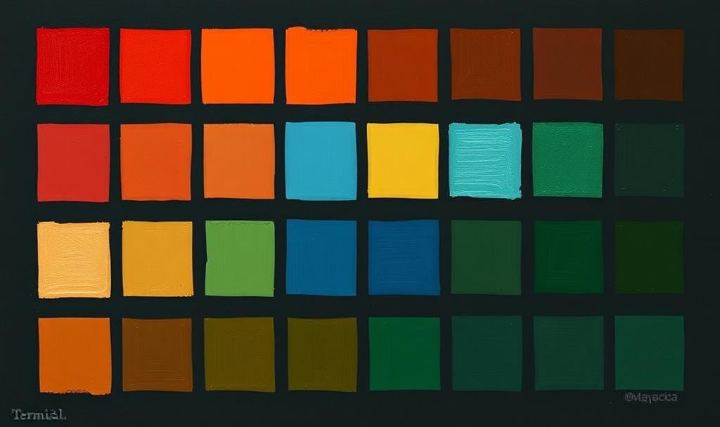 "Simple painterly illustration of a grid of colored squares (red, orange, blue, green) on a dark background with subtle terminal text elements, abstract geometric, clean composition, oil painting texture, limited palette." And a forged signature.