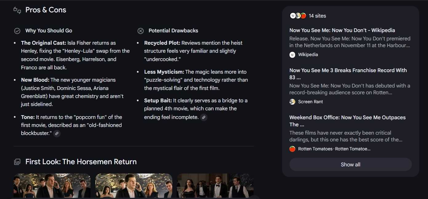 Screenshot of a Google AI Mode result for “Now You See Me 3,” displaying an AI-generated pros and cons list, cast notes, and preview stills under the header “First Look: The Horsemen Return.”